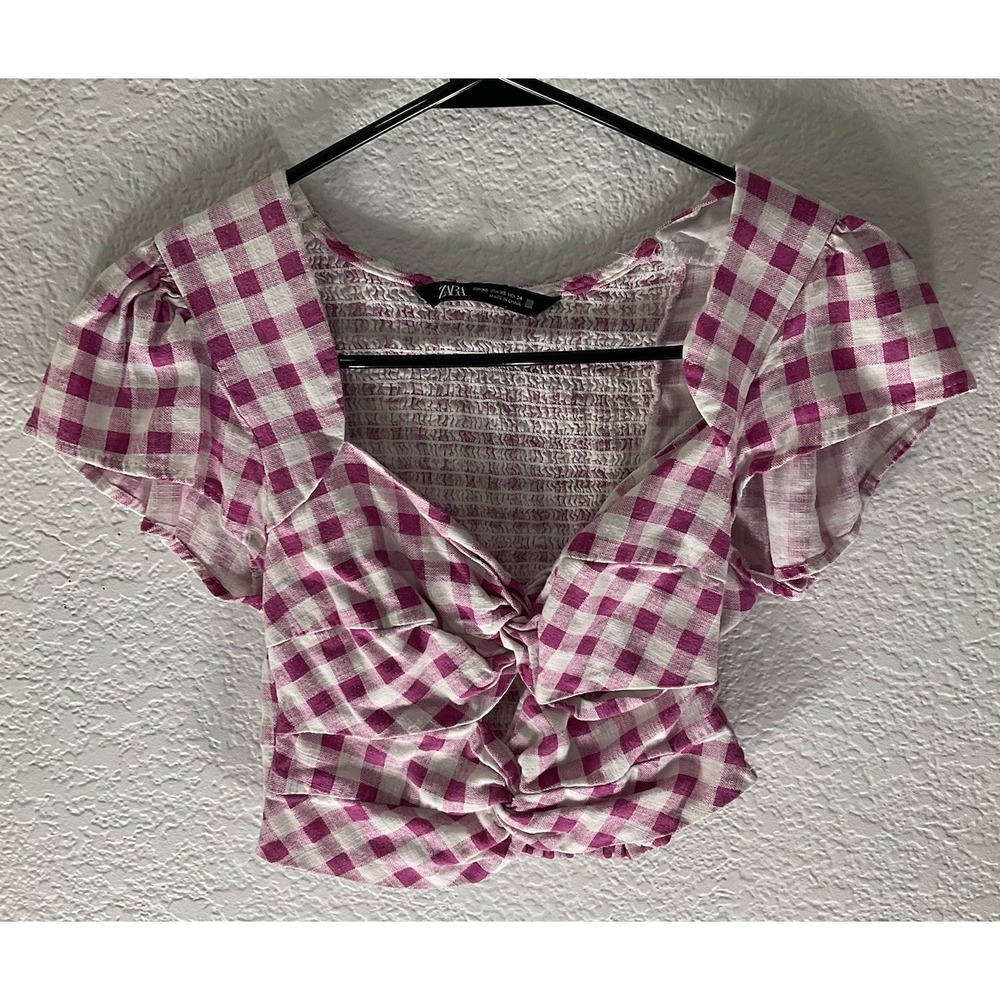 Zara Size XS Pink Plaid Twist Front Short Sleeve Crop Top Summer Spring